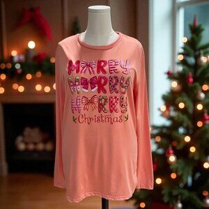 Merry‎ Christmas Sweatshirt XL Coral Pink Coquette Soft Girl Whimsical Holiday